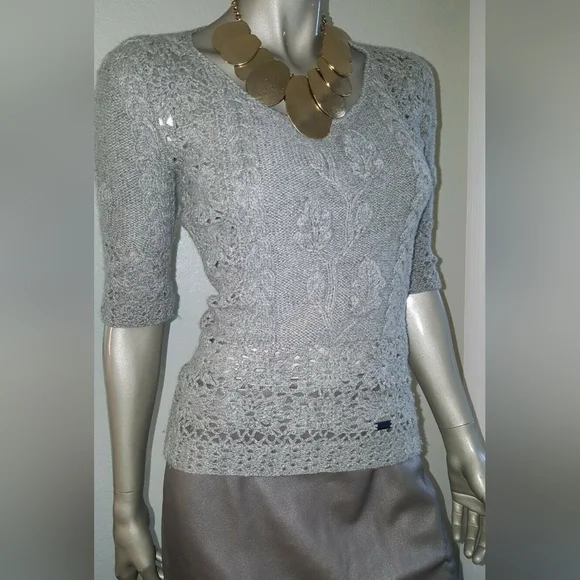 ◇$2,200 OSCAR DE LA RENTA GREY CASHMERE RUNWAY HAND KNIT BLOUSE S